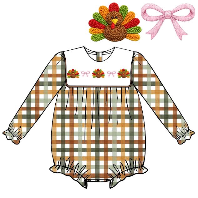PO 7 : Girls Turkey With Bows French Knot Long Sleeve Bubble (ETA LATE JULY- AUGUST)